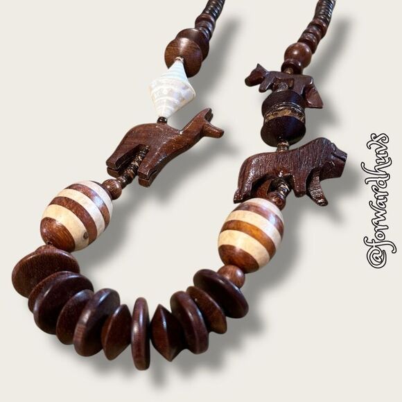 Vintage African-Style Wood Animal Carving Necklace - Picture 5 of 13